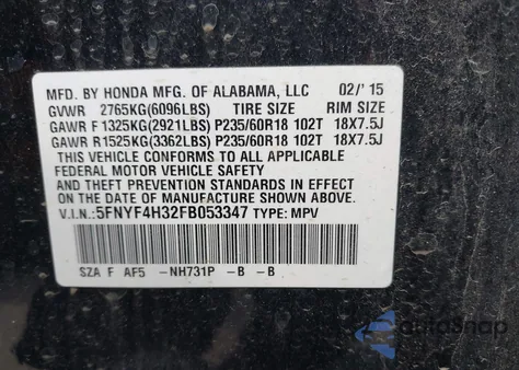 2015 Honda Pilot Se from USA, damaged, VIN 5FNYF4H32FB053347